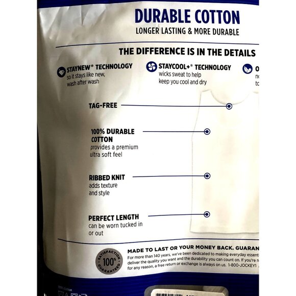 Jockey Essentials Durable Cotton Tank Tops 3-Pack M/M Ribbed Knit Tag-Free White - Picture 3 of 5